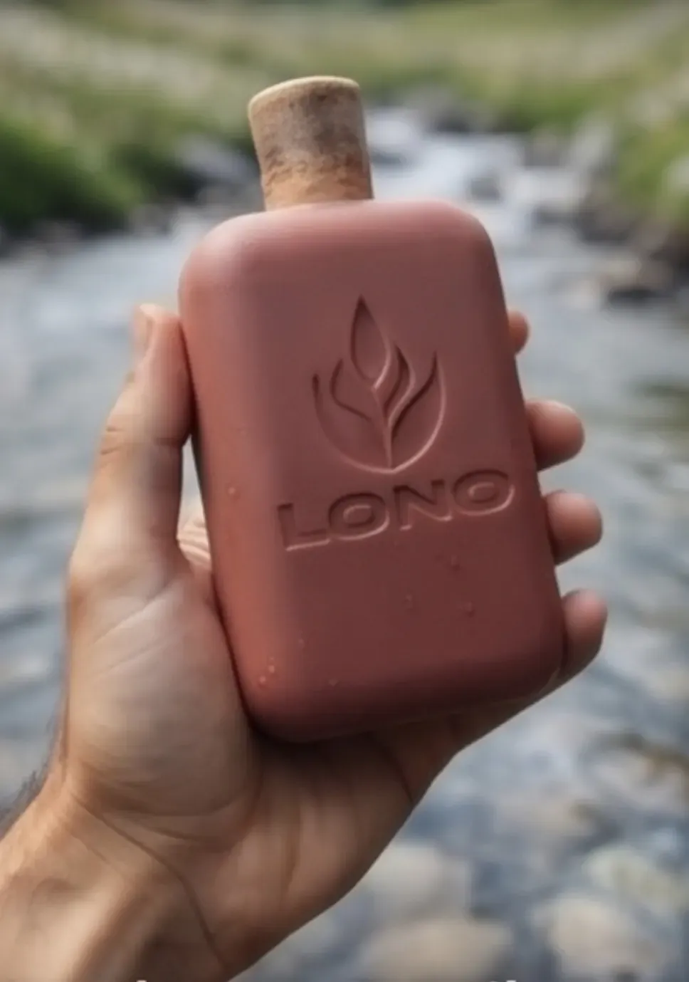 A hand holding a pink LONO soap bottle over a river