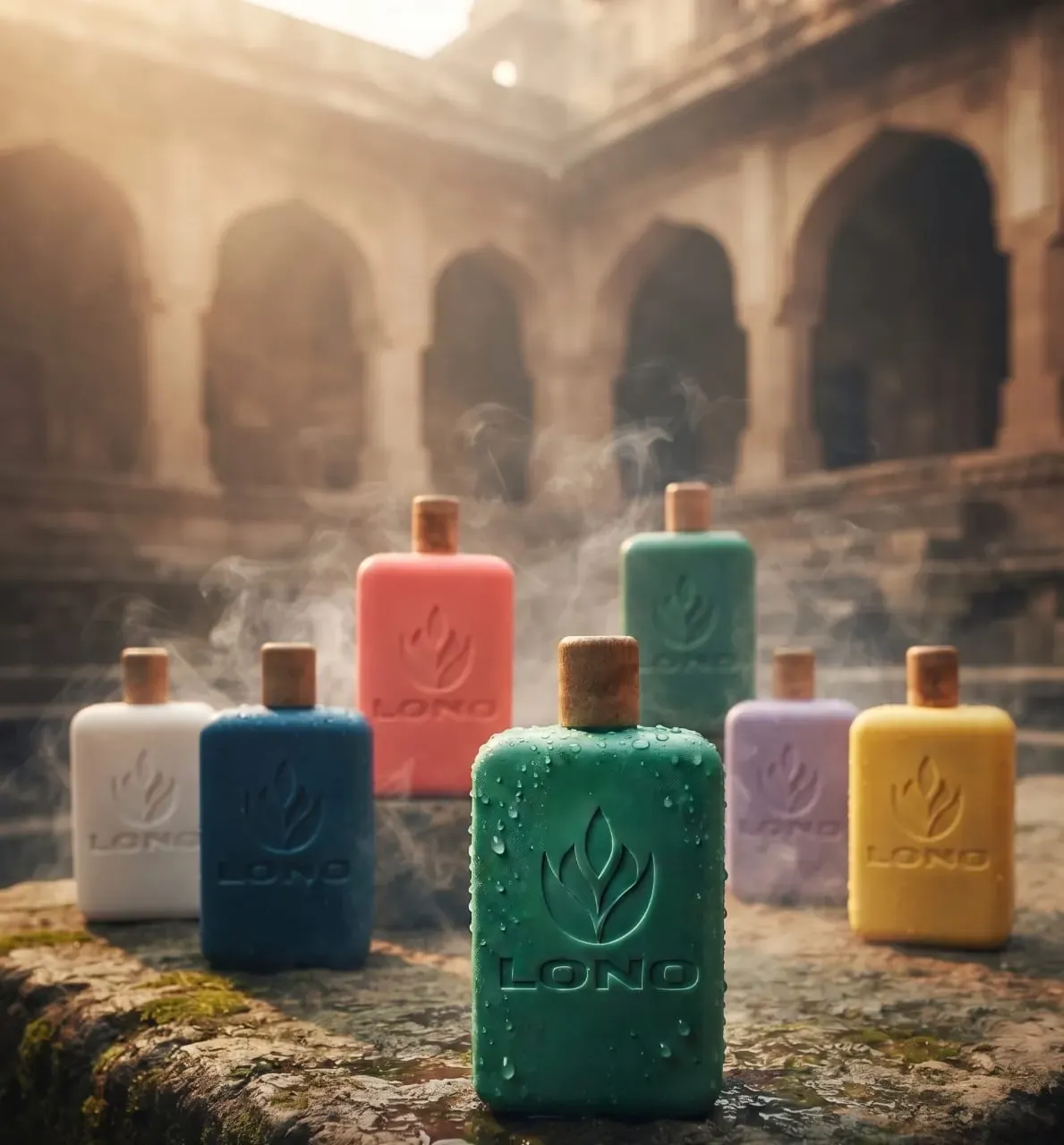Seven LONO bottles in different colours on an old stone wall