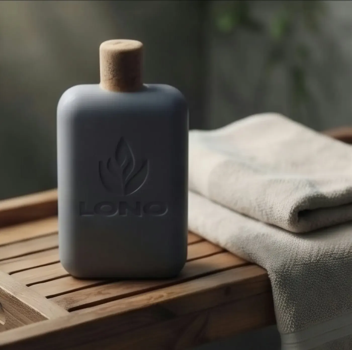 A grey LONO bottle on a wooden bath bench next to a towel