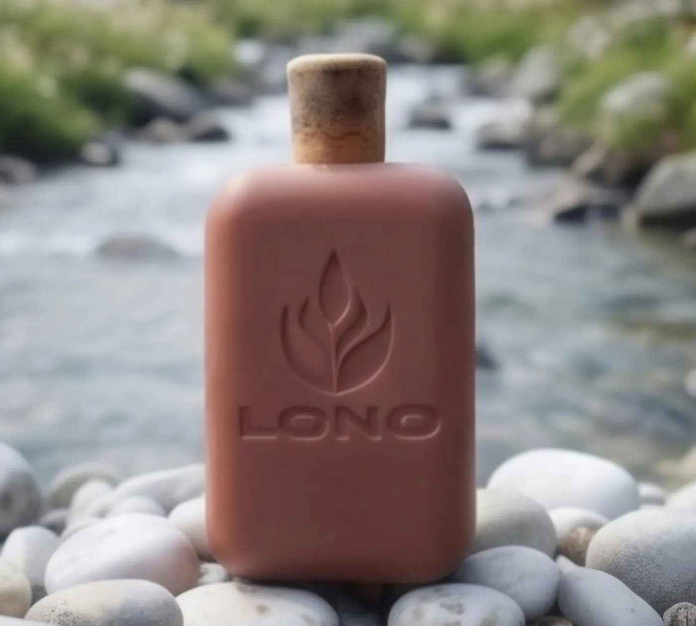 A rounded LONO bottle standing on river stones beside a stream