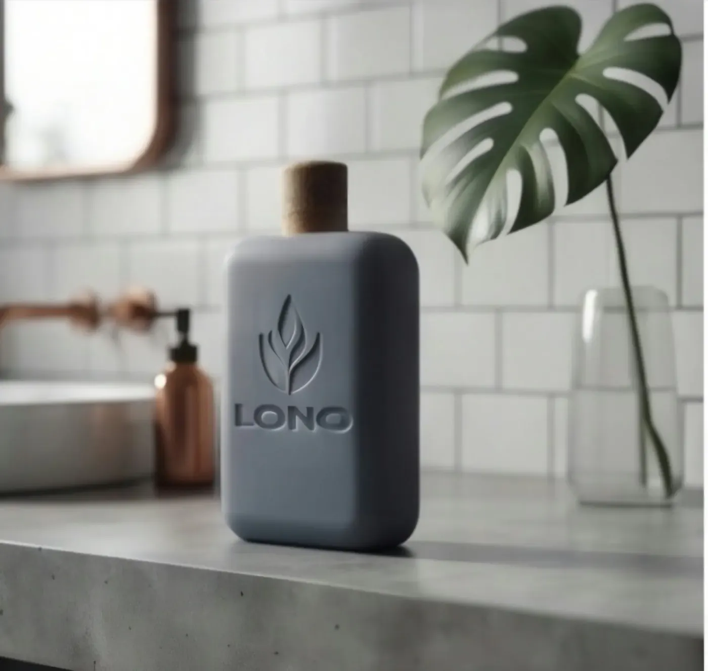 A blue-grey LONO bottle on a bathroom counter
